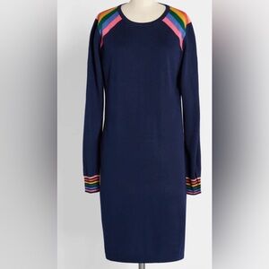 Sugarhill Brighton 🌈Rainbow On My Shoulder Navy Sweater Dress Size 8 wool blend